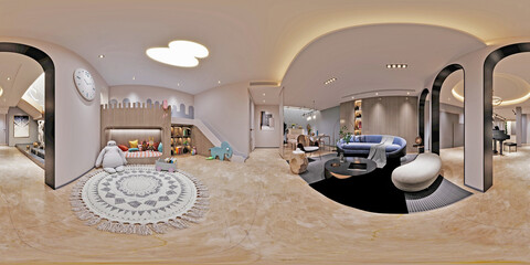 360 degrees living room, 3d render - obrazy, fototapety, plakaty