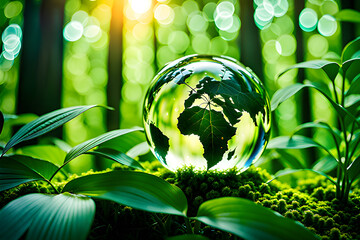 Glass globe in green forest Technology Environment, society, and governance for sustainable business on green company Concept. Generative AI - obrazy, fototapety, plakaty