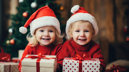 Fototapeta na wymiar Happy kids in Santa hats with presents in kindergarten