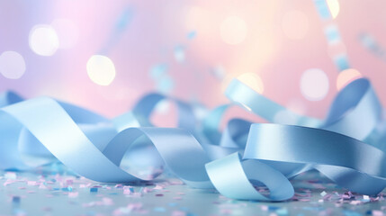 Soft blue ribbon on pastel pink bokeh background