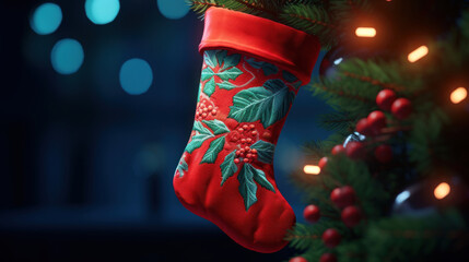 Red a Christmas sock with colorful embroidered ornament against a blurry Christmas tree.