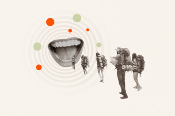 Brainwashing metaphor concept collage of funny tourists steps with equipment walking route hypnosis...