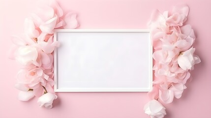 Minimalistic white picture frame, empty pink mockup template decorated with flower petals