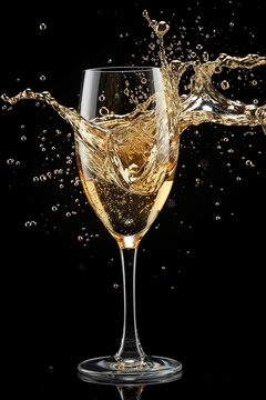 Glass of champagne with splash, celebration theme.
