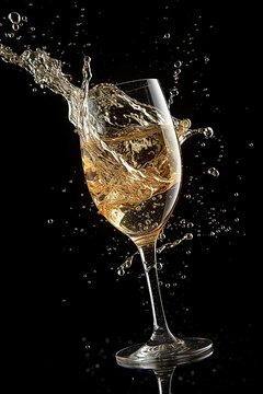 Glass of champagne with splash, celebration theme.