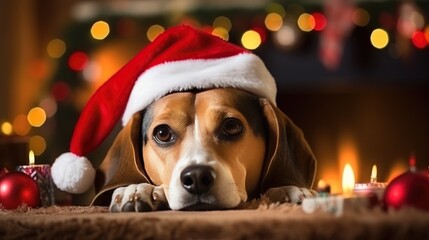 Beagle Christmas dog background. Happy New Year, Merry Christmas concept. Portrait of Cute Beagle puppy breed wearing Santa hat on festive decoration backdrop..