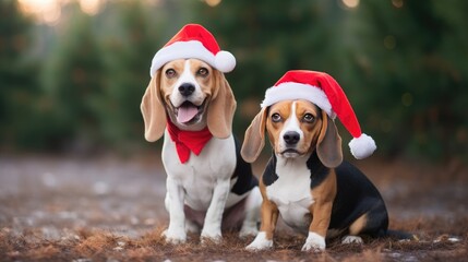 Beagle Christmas dog background. Happy New Year,&nbsp;Merry Christmas concept. Portrait of Cute Beagle puppy breed wearing Santa hat&nbsp;on festive decoration backdrop..