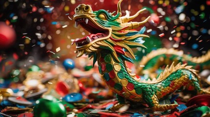Chinese Dragon in colorful confetti background. CNY year of the dragon. Happy Chinese New Year concept. Festive illustration for wallpaper, banner, greeting card, web, poster, print. - obrazy, fototapety, plakaty