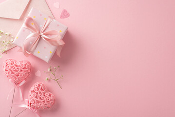 A romantic tableau for Valentine's Day: gift box, gypsophila, confetti, date invitation envelope, and hearts on sticks. Top view on a pastel pink background with space for your heartfelt message