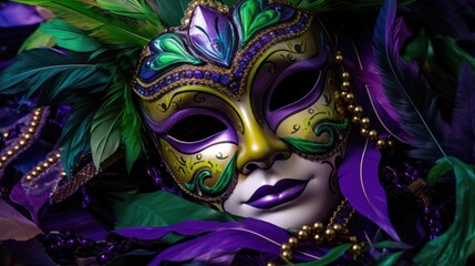 Mardi Gras Venetian masks in golden purple green colors background. Festive colorful Carnival Mardi Gras masquerade mask design for banner, greeting card, prints, poster, party invitation, flyer.. - obrazy, fototapety, plakaty