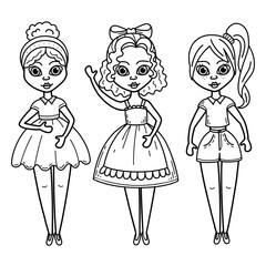 Fashionable girls coloring page. Cute dolls line art. Hand drawn illustration.