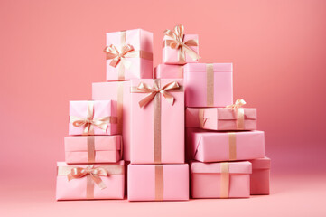Two elegant gift boxes with golden ribbons on a pink background