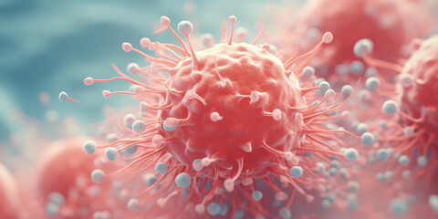 Cancer cells under the microscope, macro 3d rendering style. Texture of cancer malignant tumor molecules. 