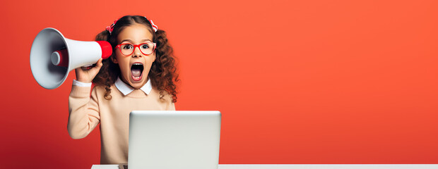 Girl child sit at her laptop and yells into a megaphone. Distance learning, discounts on online courses for kids, promo, online school promotion. - obrazy, fototapety, plakaty