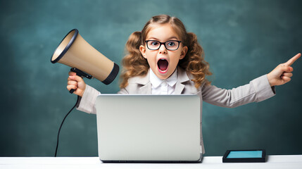 Girl in glasses child sit at her laptop and yells into a megaphone. Distance learning, discounts on online courses for kids, promo, online school promotion.