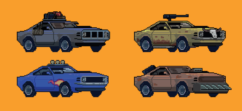 pixel art style illustration vector 8 bit 8-bit character set retro design game aseprite vintage car set mad max style