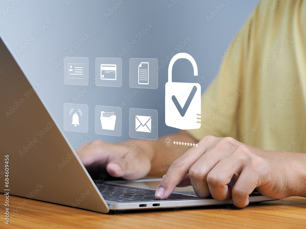 Poster cyber security and data protection, safe internet access for personal use protecting financial trans