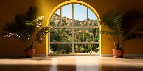 Interior design window and tropical plants with copy space background