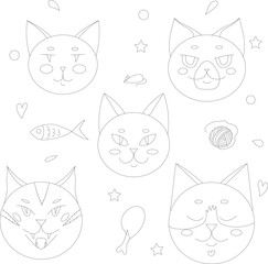 Cats face coloring page. Set of cats for coloring.