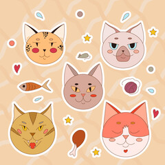 Cat face stickers set. Vector illustration.