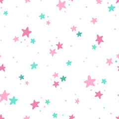 Seamless pattern with pink and green stars. Hand drawn vector background. Trendy texture for print, textile, fabric.