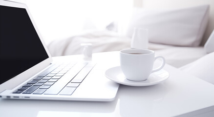 Close up white coffee cup and laptop on the bed in morning time
