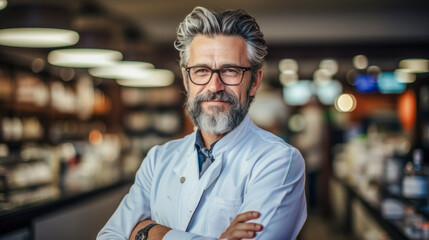 Fototapeta premium Sympathetic Pharmacist:in a Pharmacy, Background Wallpaper Brainstorming Magazine Cover Health Care