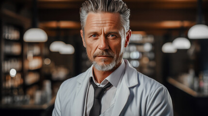 Obraz premium Sympathetic Pharmacist:in a Pharmacy, Background Wallpaper Brainstorming Magazine Cover Health Care
