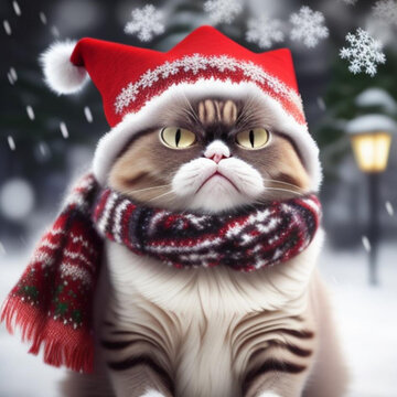 Comical portrait of a cat wearing a Christmas hat and scarf snow falling in the background.  Generative AI