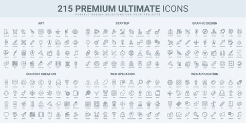 Creative art design, digital startup strategy thin black line icons set vector illustration. Outline symbols of success idea and puzzle solution, plan of project and investment, portfolio and tools