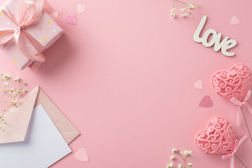 Fototapeta na wymiar A love-filled scene for Valentine's Day: gift box, gypsophila, heart-shaped confetti, invitation envelope, and heart decor on sticks. Top view on a pastel pink background with space for your words