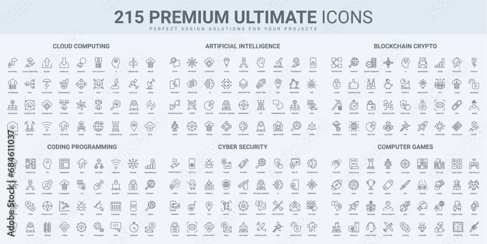 Leinwandbilder cloud computing, program development, privacy thin black line icons set vector illustration. outline