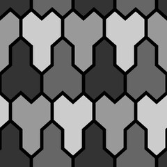 Repeated grey and white puzzle on black background. Seamless surface pattern design with mosaic ornament. Logic games motif. Pavement wallpaper. Digital paper, page fills, web designing, textile print