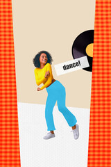 Vertical collage picture poster of funky girl dancing on stage boogie woogie nostalgia party with...