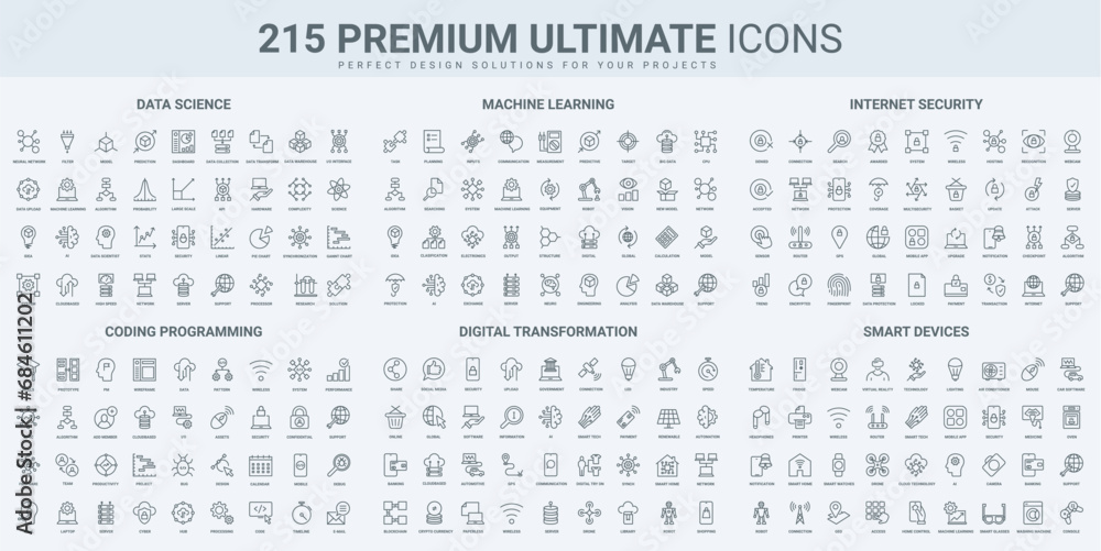 Aufkleber science data research, cyber technology and software code thin black line icons set vector illustrat