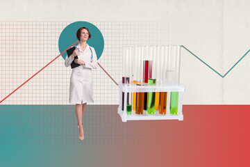 Fototapeta premium Composite collage image of young beautiful female doctor laboratory assistant scientist chemistry tube magazine surrealism metaphor