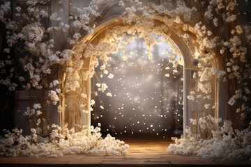 wedding backdrop, maternity backdrop, floral arch, digital backdrop in a cozy, boho, sparkle, rustic contemporary palace room, short exposure, focal blur, bokeh, flare, shimmering lights,  - obrazy, fototapety, plakaty