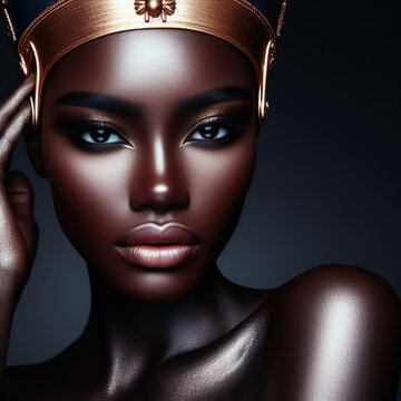 Portrait of a pretty black model dressed like an ancient Egyptian goddess.