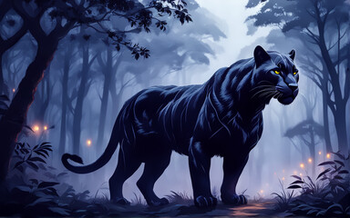 Black panther, fantastic landscape, watercolor. AI