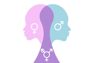 Third gender and sex concept, man and woman. World sexual health day. Concept of gender, health and development. Symbol of transgender, vector silhouette isolated on white background 