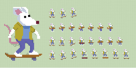 pixel art style illustration vector 8 bit 8-bit character set retro design game aseprite vintage rat skateboard animation set © Scott
