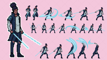 pixel art style illustration vector 8 bit 8-bit character set retro design game aseprite vintage man sword attack animation