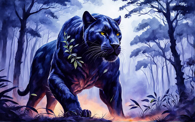 Black panther, fantastic landscape, watercolor. AI