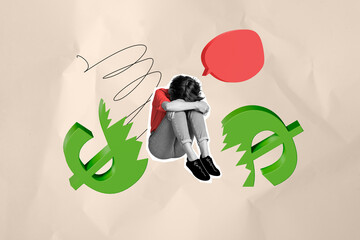 Creative collage image of mini black white effect desperate girl dialogue mind bubble big broken dollar money symbol isolated on paper background