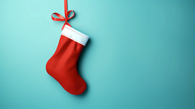 Christmas sock hanging on a red bow, isolated on blue background.

