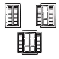 Set. Different open closed windows. Ink hand-drawn vector. Italian window with shutters. Wooden frame. Symbol of Italian homes in old town. Open window symbolizing travel, countries new opportunities