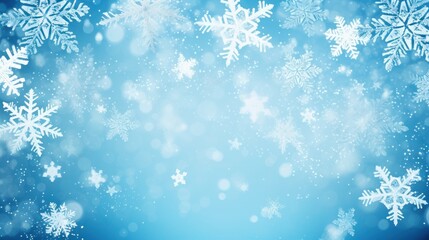 Frame of white snowflakes on a blurred blue background with copy space
