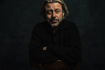 Middle aged blond caucasian man with stubble beard in black woolen sweater sits on wooden chair in front of a dark wall.