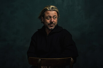 Expressive middle aged blond caucasian man with stubble beard in black woolen sweater sits on...