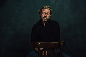 Middle aged blond caucasian man with stubble beard in black woolen jersey sits on wooden chair in...